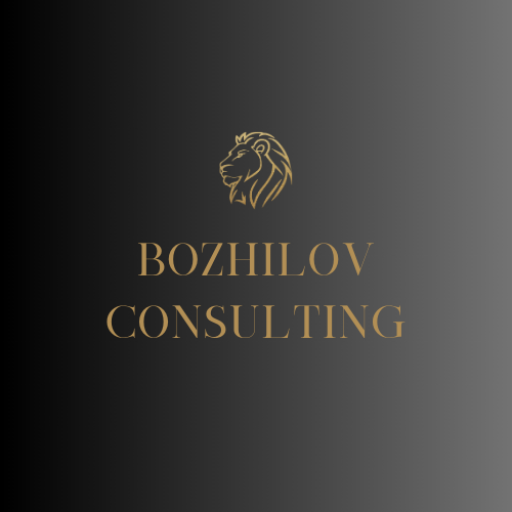 Лого на Bozhilov Consulting с глава на лъв в златист цвят.
